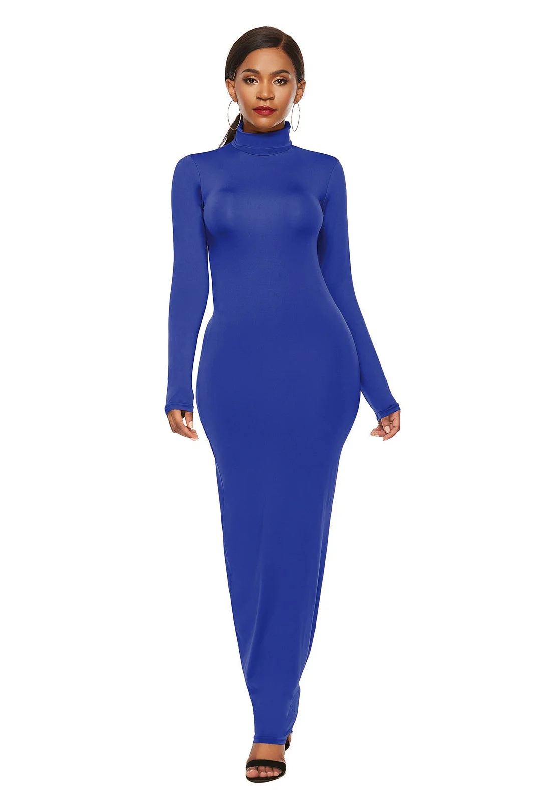Uveng Polyester Spandex Fashion Solid Color Long Sleeve Stretch Slim Turtleneck Dress