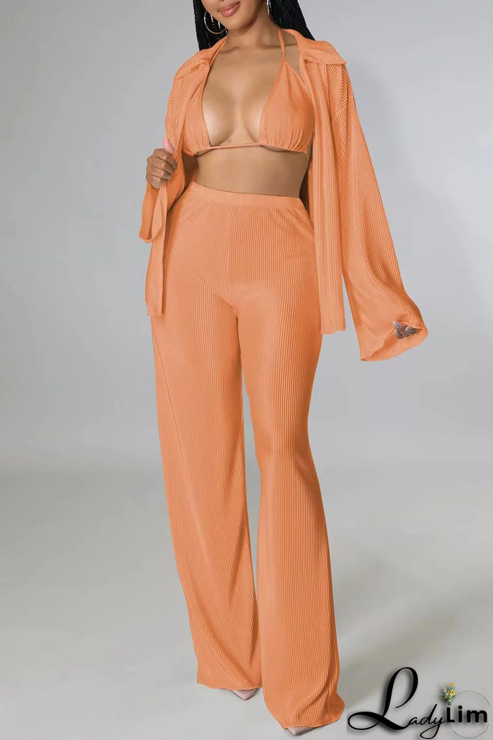 Orange Sexy Solid Patchwork Fold Turndown Collar Long Sleeve Three Pieces