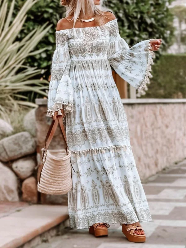 Floral Printed Batwing Sleeves Long Sleeves Off-The-Shoulder Maxi Dresses