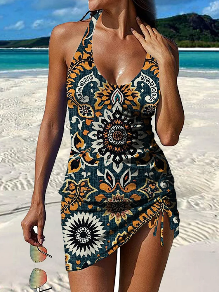 Retro Flower Pattern Print Pleated Drawstring V Neck Two Piece Swimsuit Tutu Set