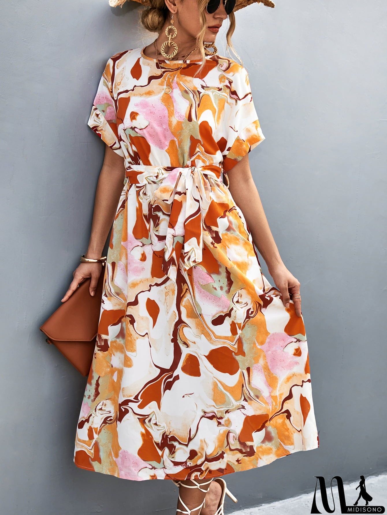 MidiSono - Round Neck Short Sleeve Tie Waist Midi Dress