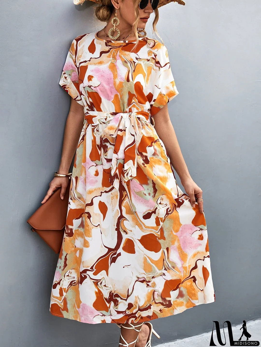 MidiSono - Round Neck Short Sleeve Tie Waist Midi Dress