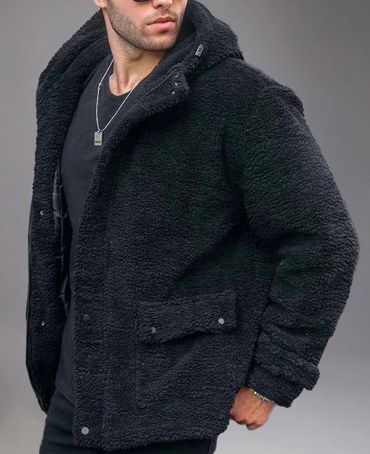 Casual Solid Flap Pocket Polar Fleece Hooded Jacket Okaywear