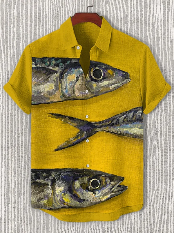 Men's Sardine Oil Painting Print Short Sleeve Shirt