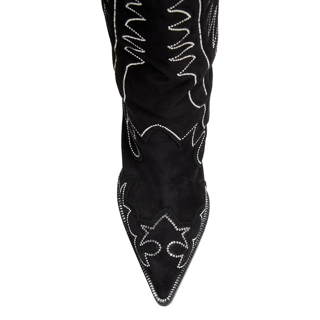 Black Vegan Suede Decorative Heel Rhinestone Studded Cowgirl Boots