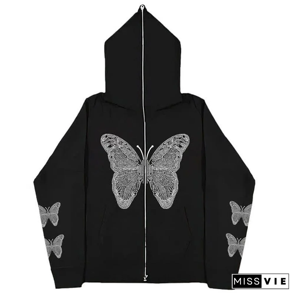 Dark Butterfly Skeleton Print Full Zip Hooded Sweatshirt