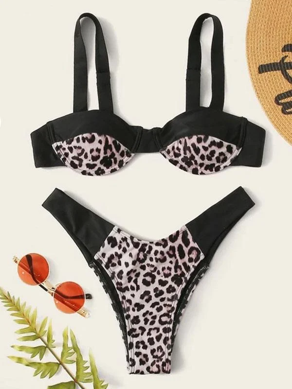 Leopard-Print Split-Joint Split Bikini Swimsuit