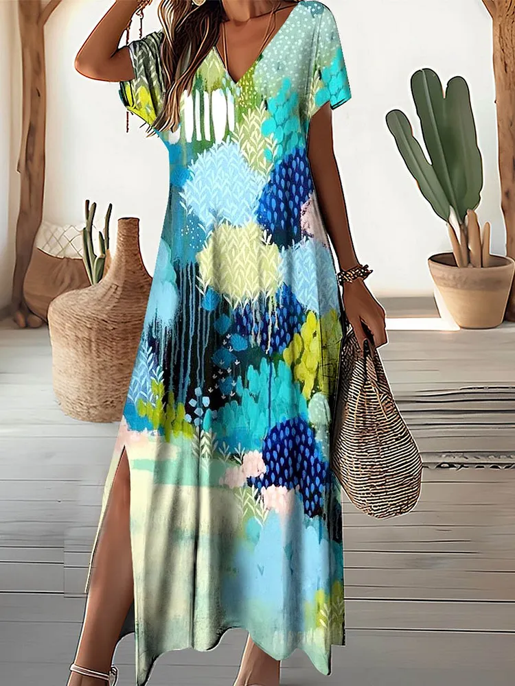Women's Artistic Watercolor Splash Pattern V-neck Resort Style Dress