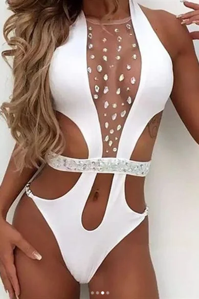 White Sexy Stitching One-piece Swimsuit | EGEMISS