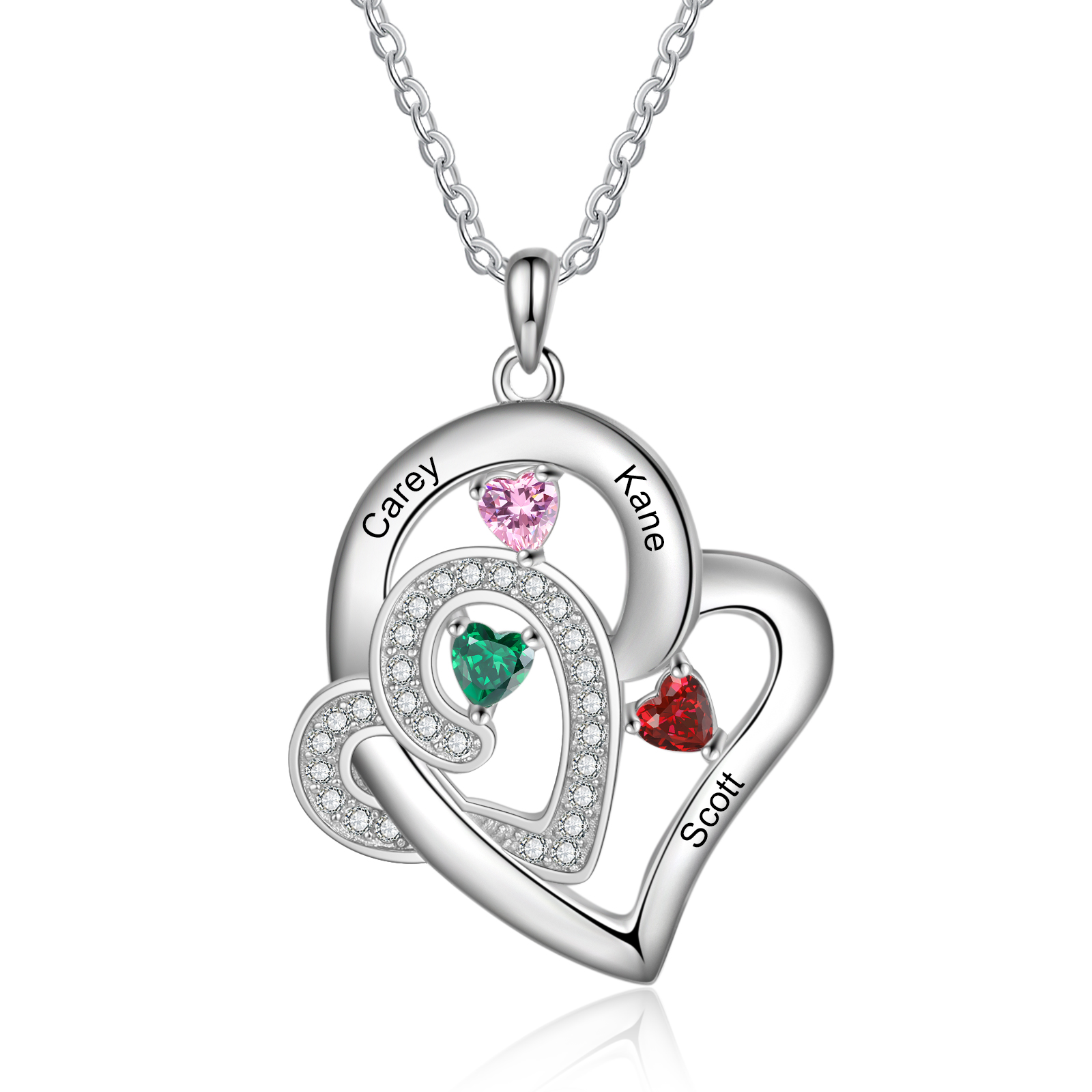 Personalized Double Heart Necklace With 3 Birthstones Custom Names