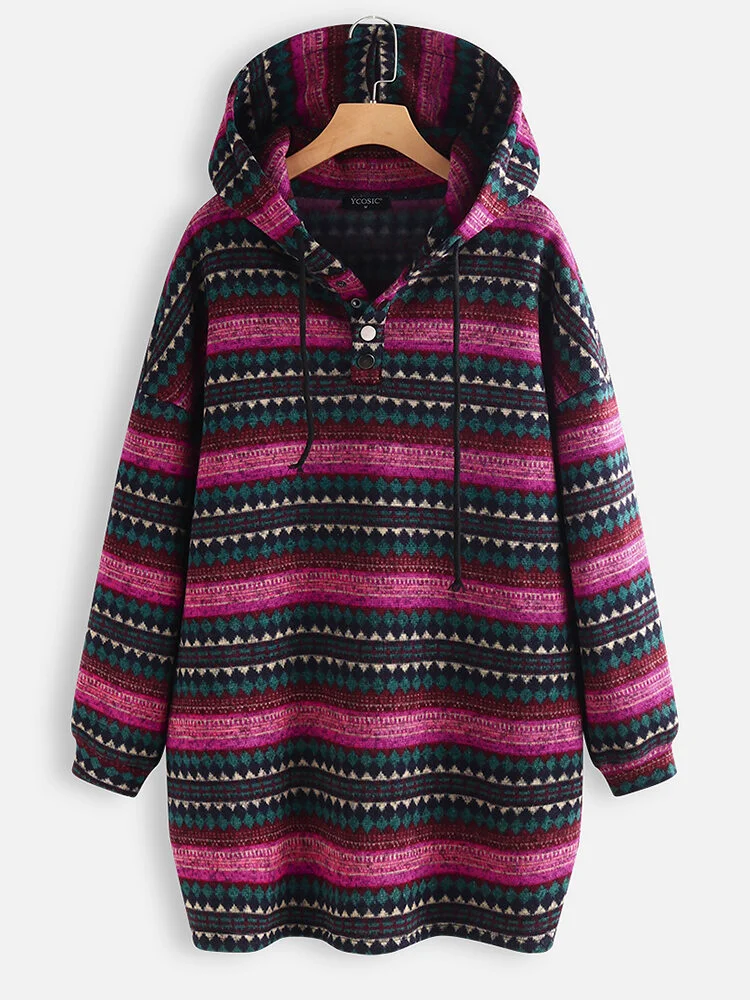 Ethnic Stripe Print Long Sleeve Drawstring Hoodie For Women
