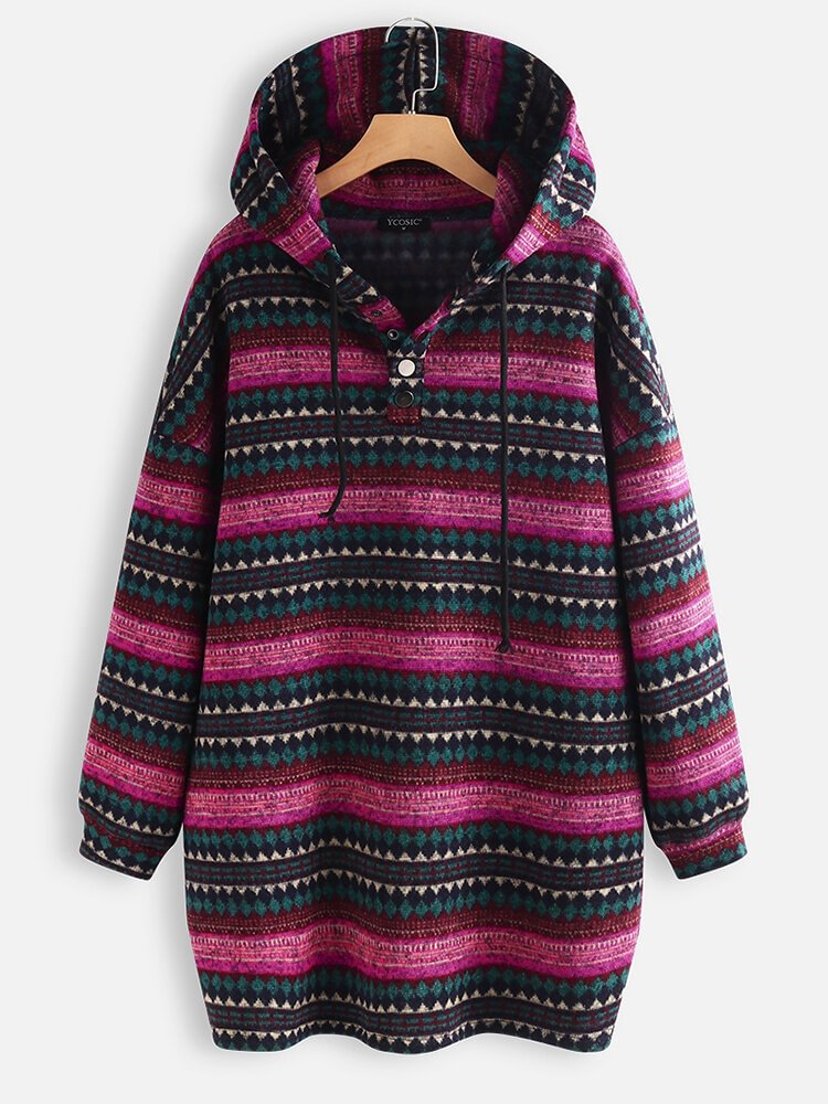 Ethnic Stripe Print Long Sleeve Drawstring Hoodie For Women - Shop Trendy Women's Fashion | TeeYours