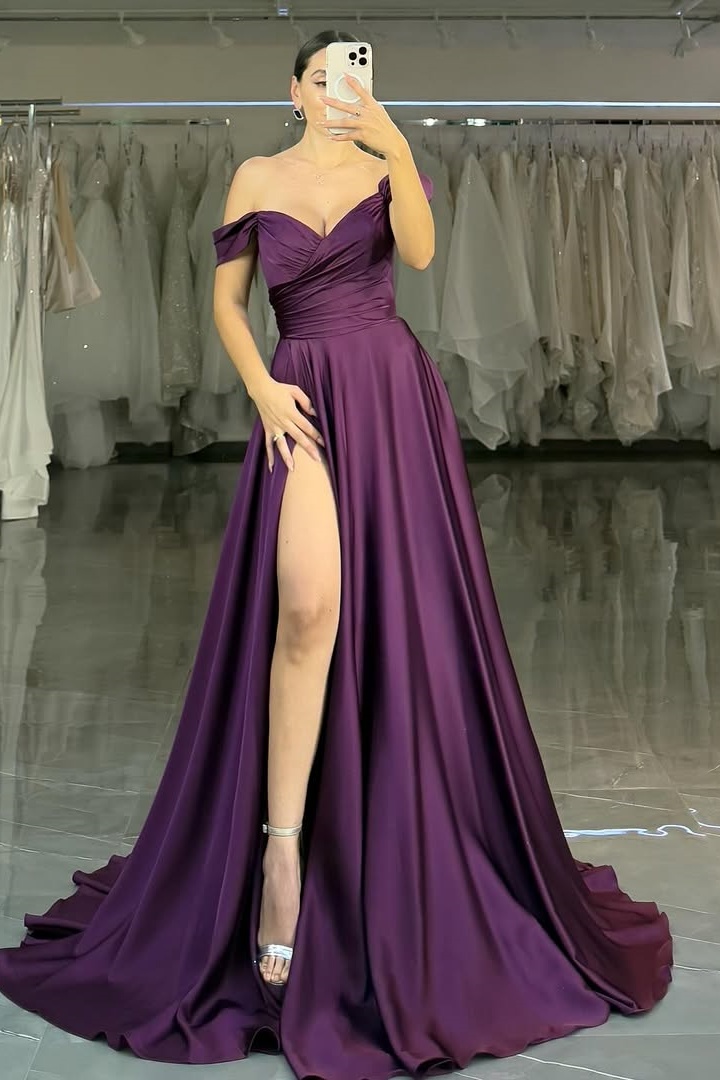 Ovlias Fabulous Regency Off-the-shoulder Split Draped Sleeveless Prom Dress XJ0269