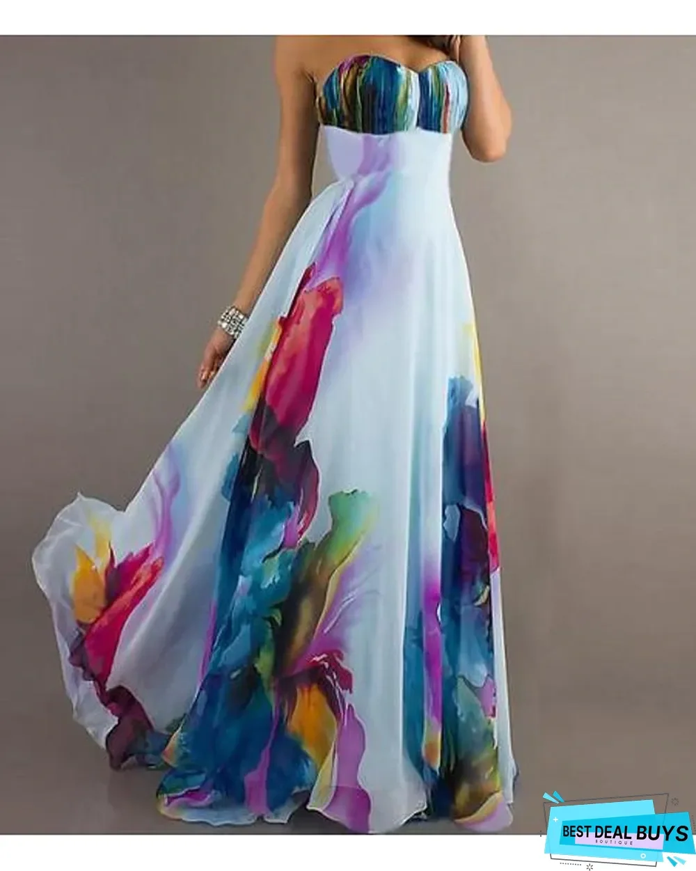 Women's Maxi White Dress Sexy Summer Vacation Beach Chiffon Swing Floral Strapless Print High Waist