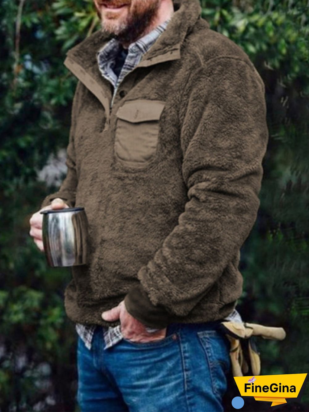 Coffee Men's Winter Warm Plush Casual Pullover