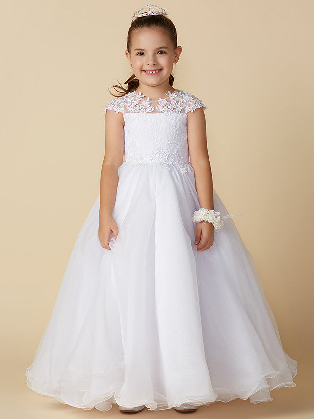 Short Sleeve Jewel Neck Flower Girl Dress with Lace and Butterfly
