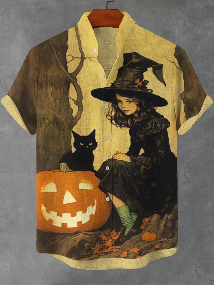 Men's Witch Black Cat Pumpkin Art Print Casual Shirt