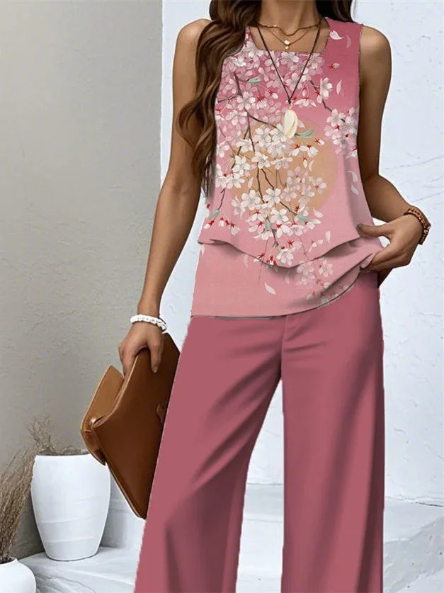 Women's Sleeveless Square Collar Floral Printed Casual Set