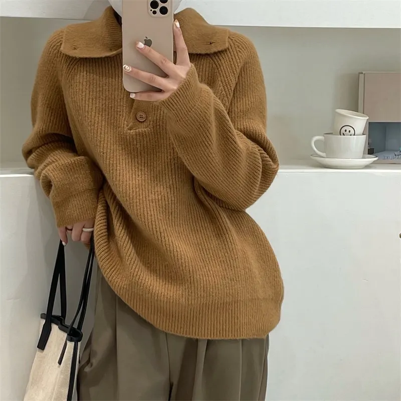 Churchf Churchf Autumn Winter Korean Version Loose Lazy Casual Collar Pure Color Button Design Niche Knit Sweater Woman