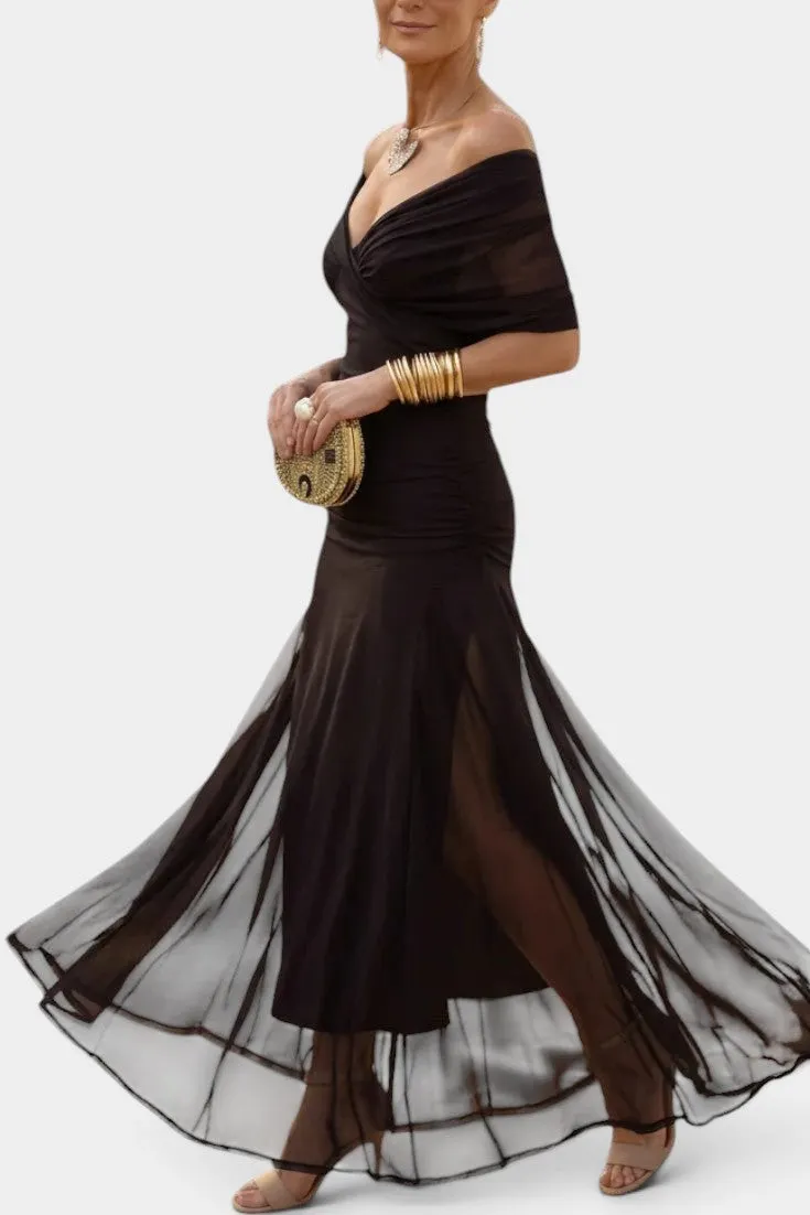 Off-Shoulder Draped Maxi Dress with Flowing Layers