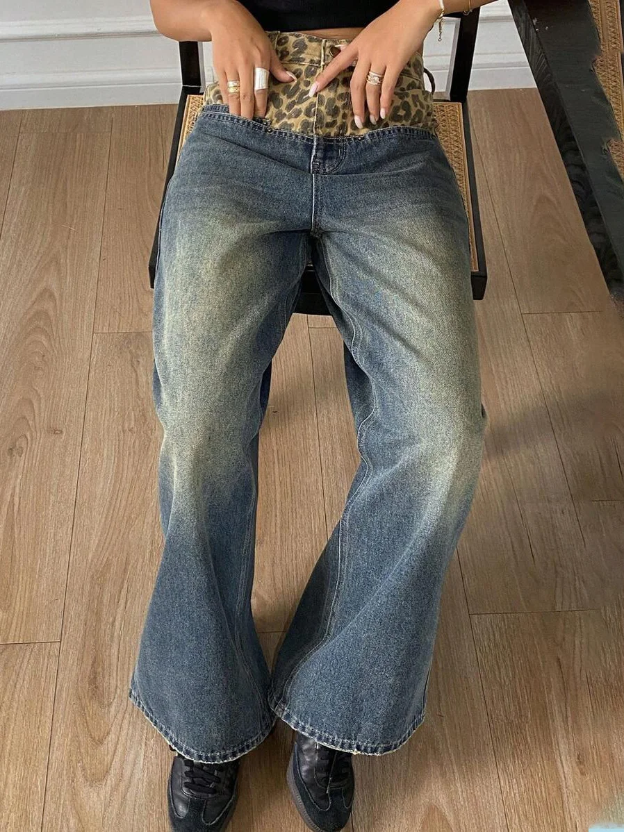 Athvotar Athvotar Splicing Retro Leopard-Print Broad-Legged Pants Jeans Women's Niche To Make Old Loose Breathable Straight Pants