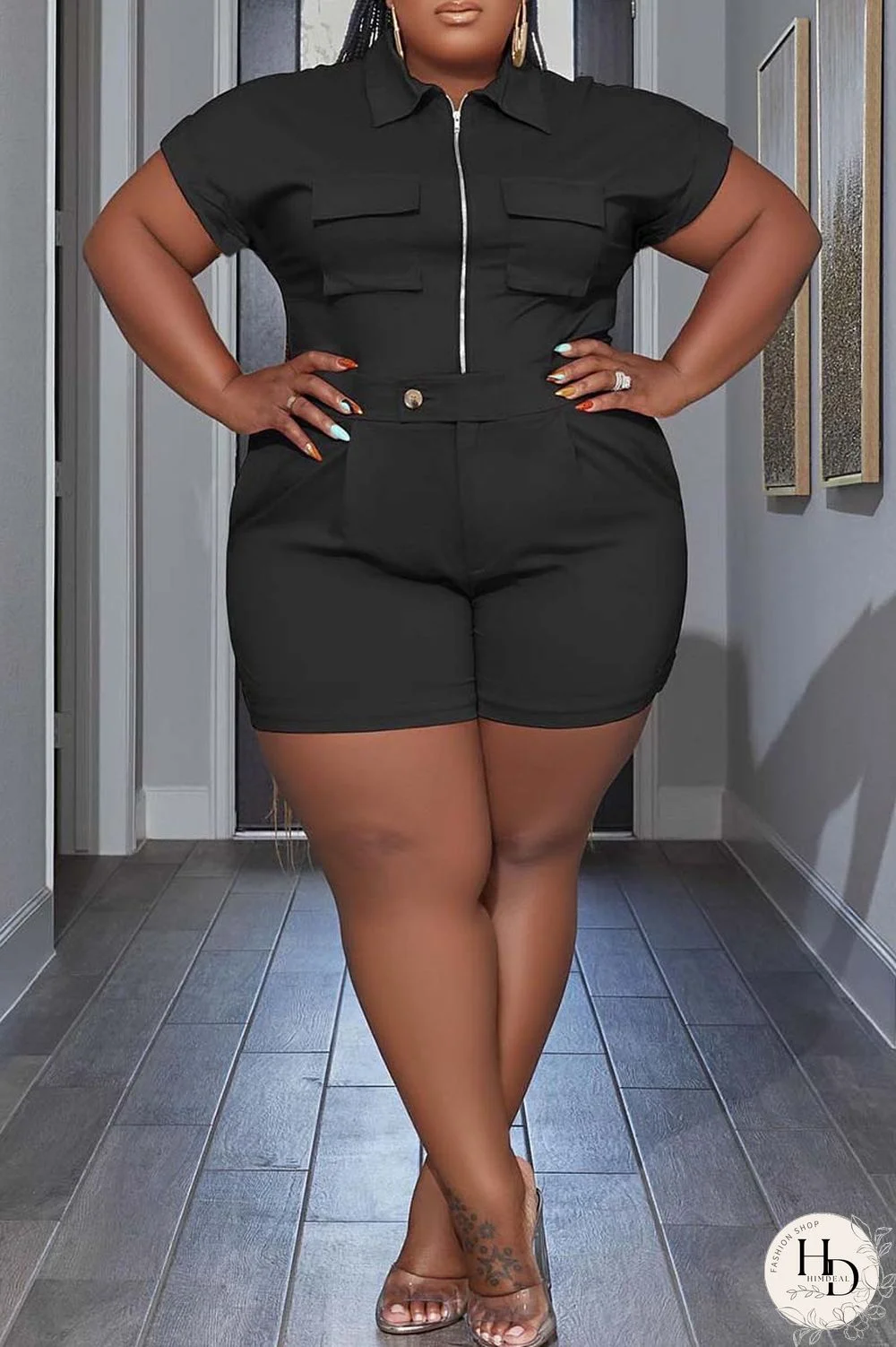 Black Casual Solid Patchwork Turndown Collar Plus Size Two Pieces