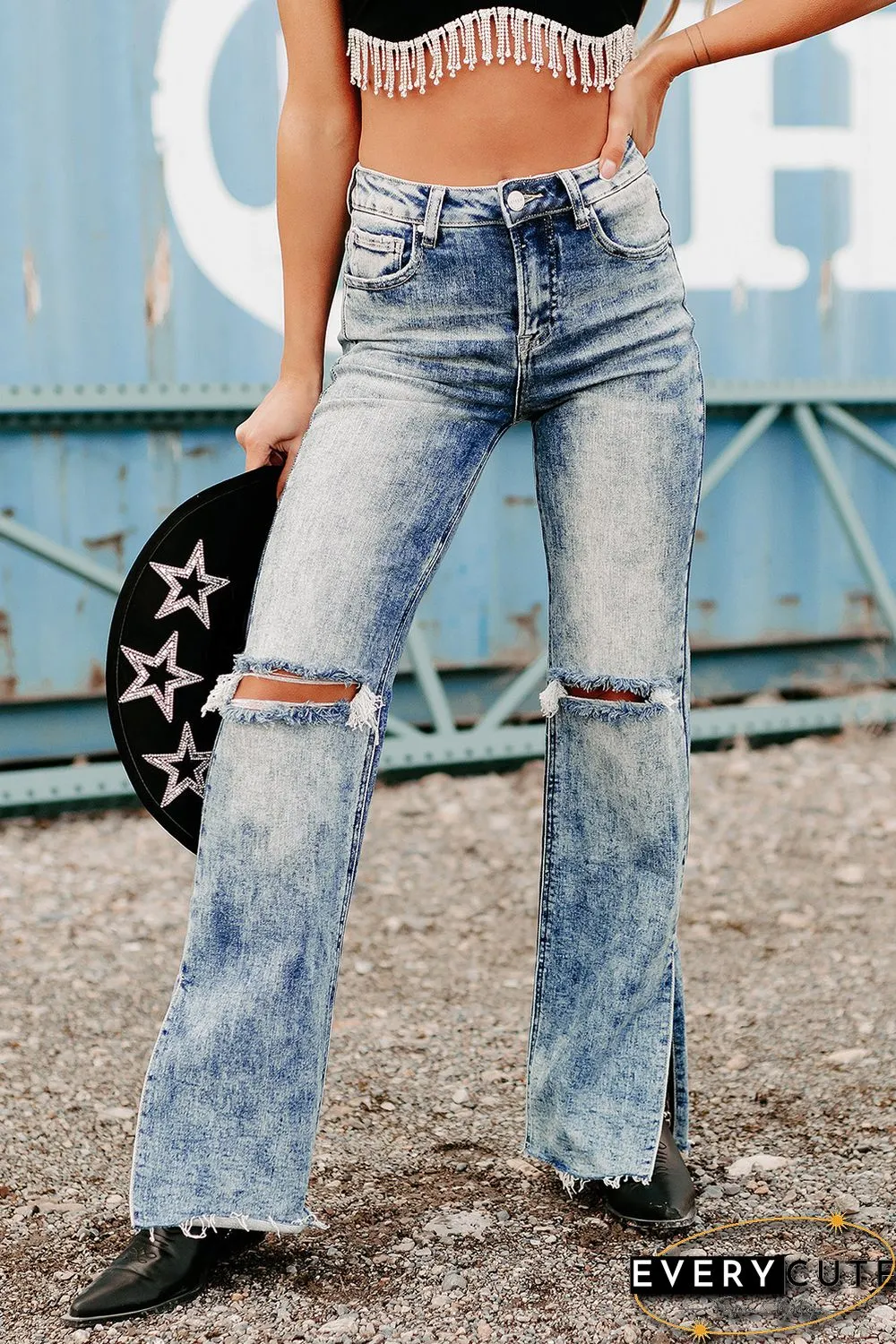 Sky Blue Vintage Distressed Split Hem Straight Leg Jeans