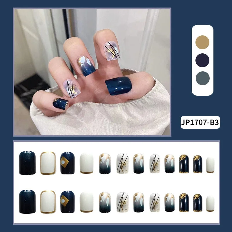 24pcs Fake Nails With Glue Blue Gold Foil Wear Short Paragraph Fashion Manicure Patch False Nails Press On Nails Designs DL-Nail Inspo