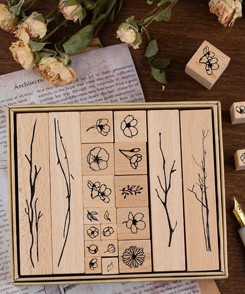 20 Pcs Flower & Plant Vintage Wooden Rubber Stamps Set-Himinee.com