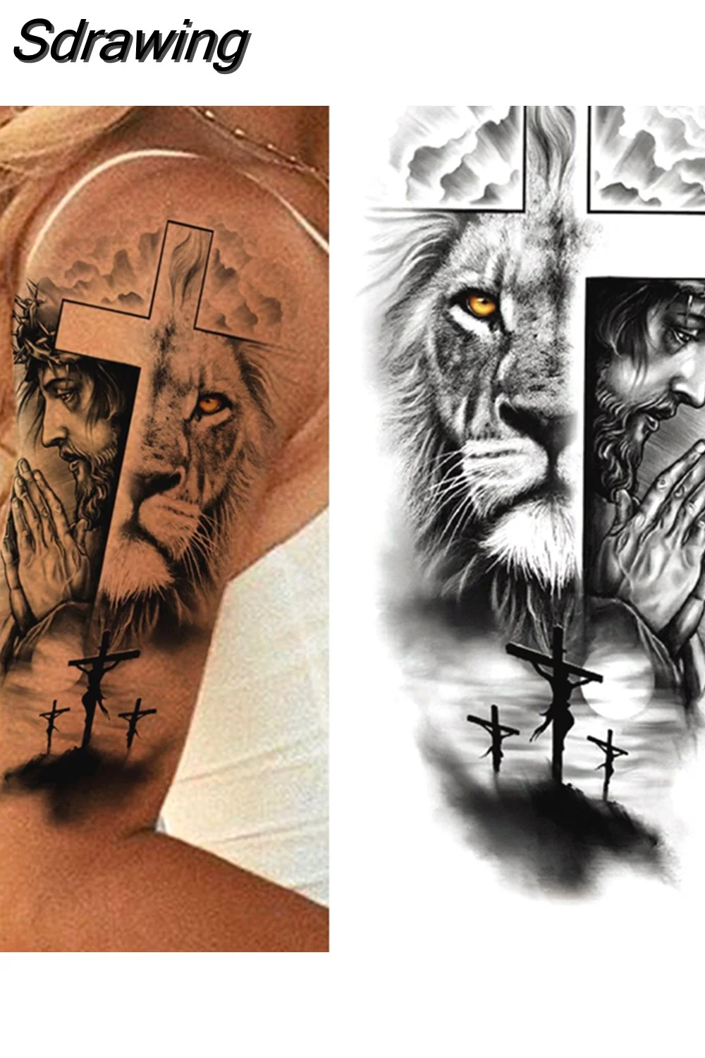 Sdrawing Tiger Temporary Tattoos For Men Women Kids Lion Skull Cross Tattoo Sticker Black Compass Skeleton Tatoos Leg Thigh 1103 715-0