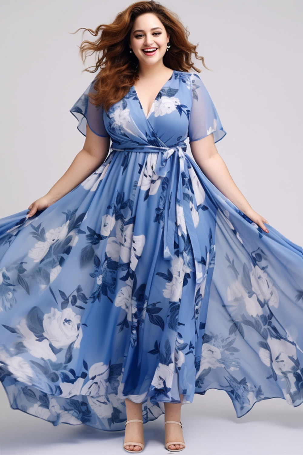 Flycurvy Plus Size Everyday Blue Chiffon Floral Print Wrap Maxi Dress ...