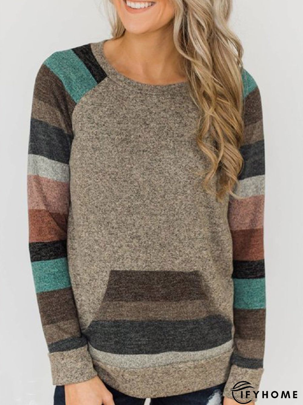 Fashion Floral-Print Stripes Crew Neck Casual Tunic Sweatshirt | IFYHOME