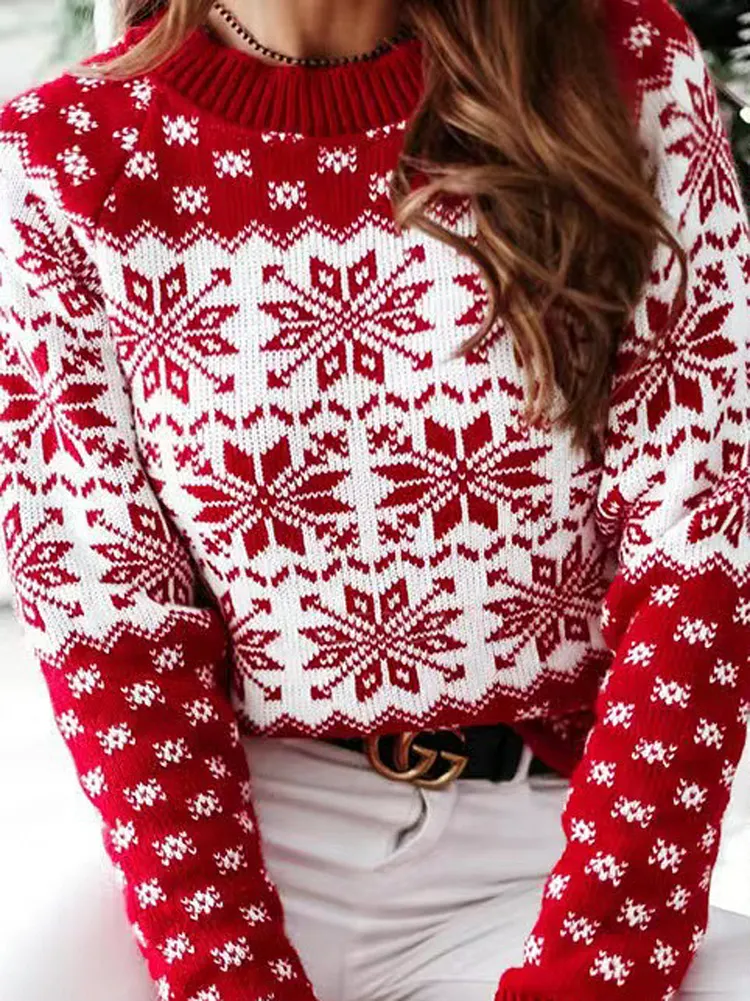 Contrast Color Knitted Flower Long Sleeves Round-Neck Sweater Tops Pullovers