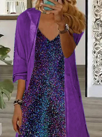 Women Half Sleeve V-neck Solid Color Dress