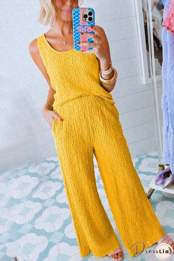 Yellow Crinkled U Neck Tank and Wide Leg Pants Set