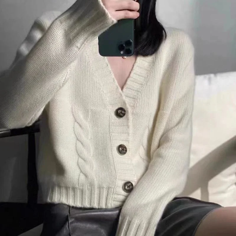 Toloer Toloer Soft Waxy Cardigan Female 2024 Autumn And Winter New V Collar Solid Color Casual Loose Fashion Twist Sweater Coat Female-Outfit Ideas