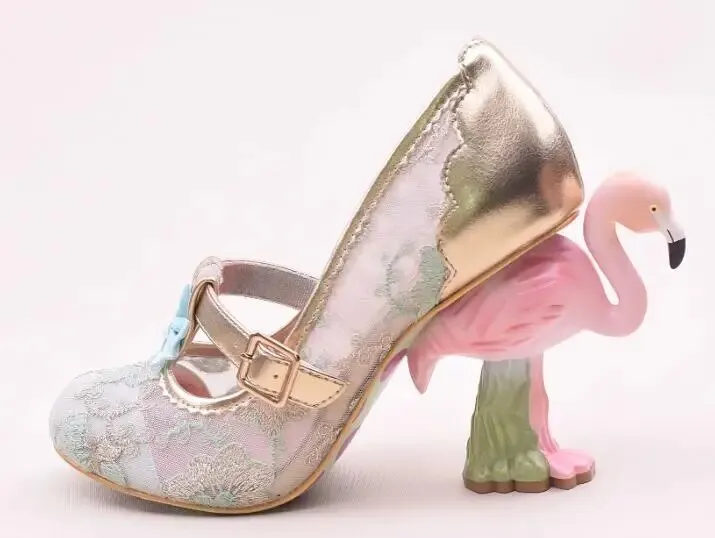 VCSHOES Women Pink Green Lace Sequins Embroidery Hollow Out Exquisite Painted Flamingo Heel Round Toe Strange Style Pumps Shoes