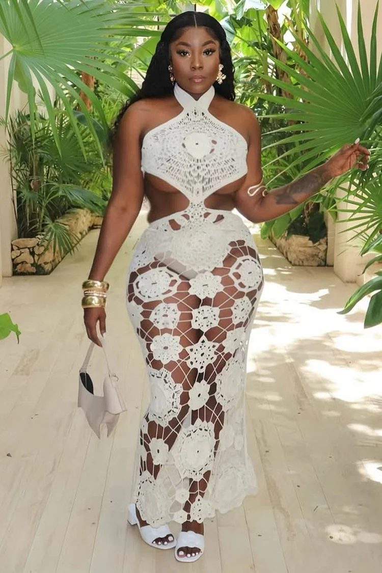 Floral Hollow Out Knit Halter Slim Vacation Maxi Dresses-White