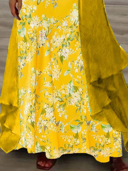 Women's Long Sleeve V-neck Floral Printed Two Pieces Maxi Dress