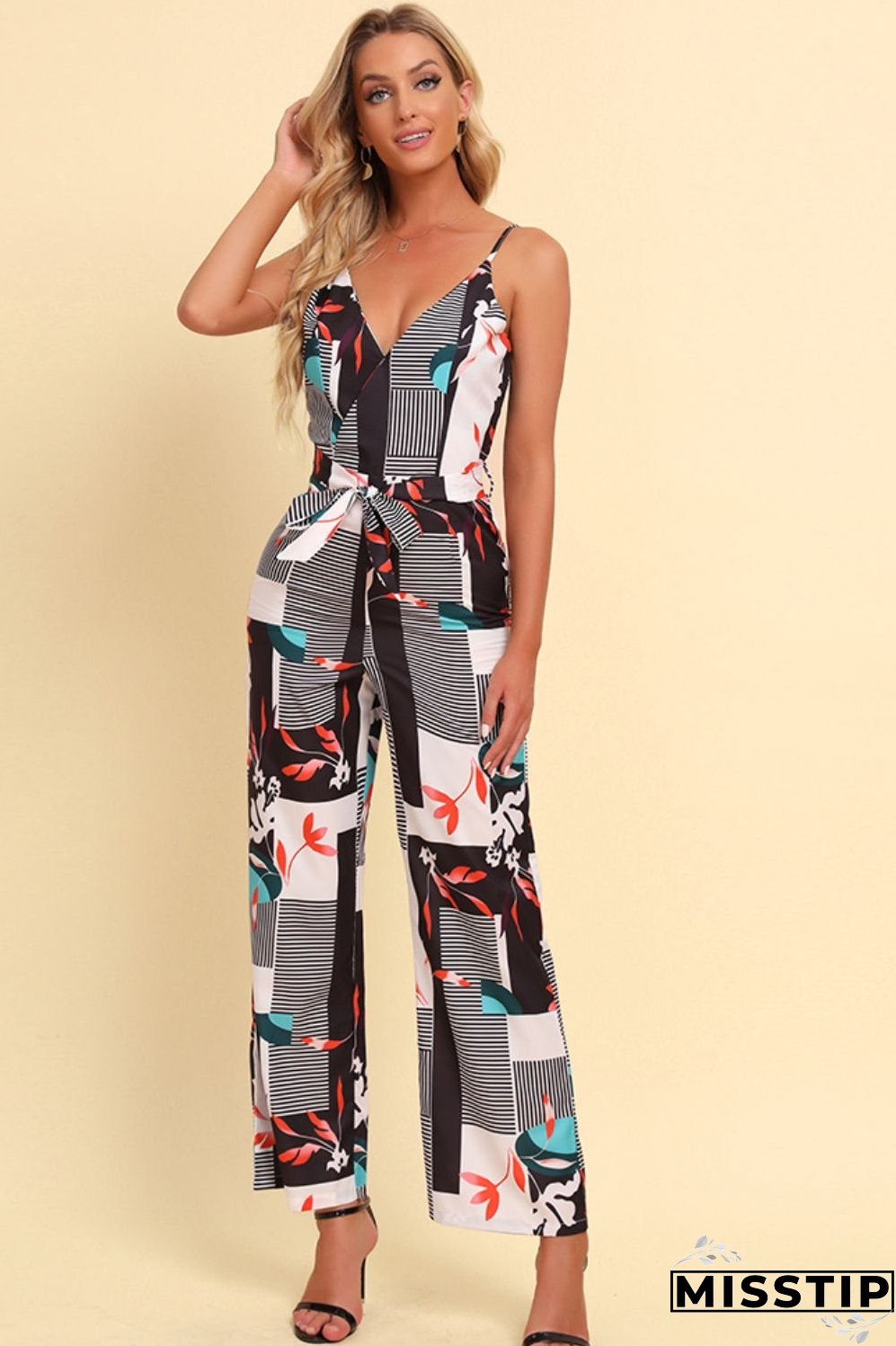 Printed Spaghetti Strap Tied Jumpsuit