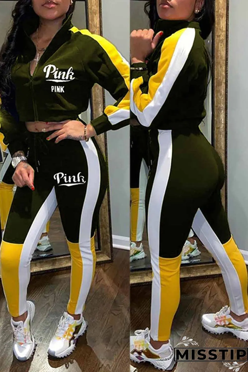 Black Casual Print Patchwork Letter Zipper Collar Long Sleeve Two Pieces