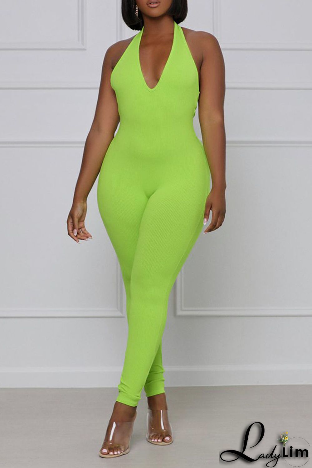Green Sexy Solid Split Joint Halter Regular Jumpsuits