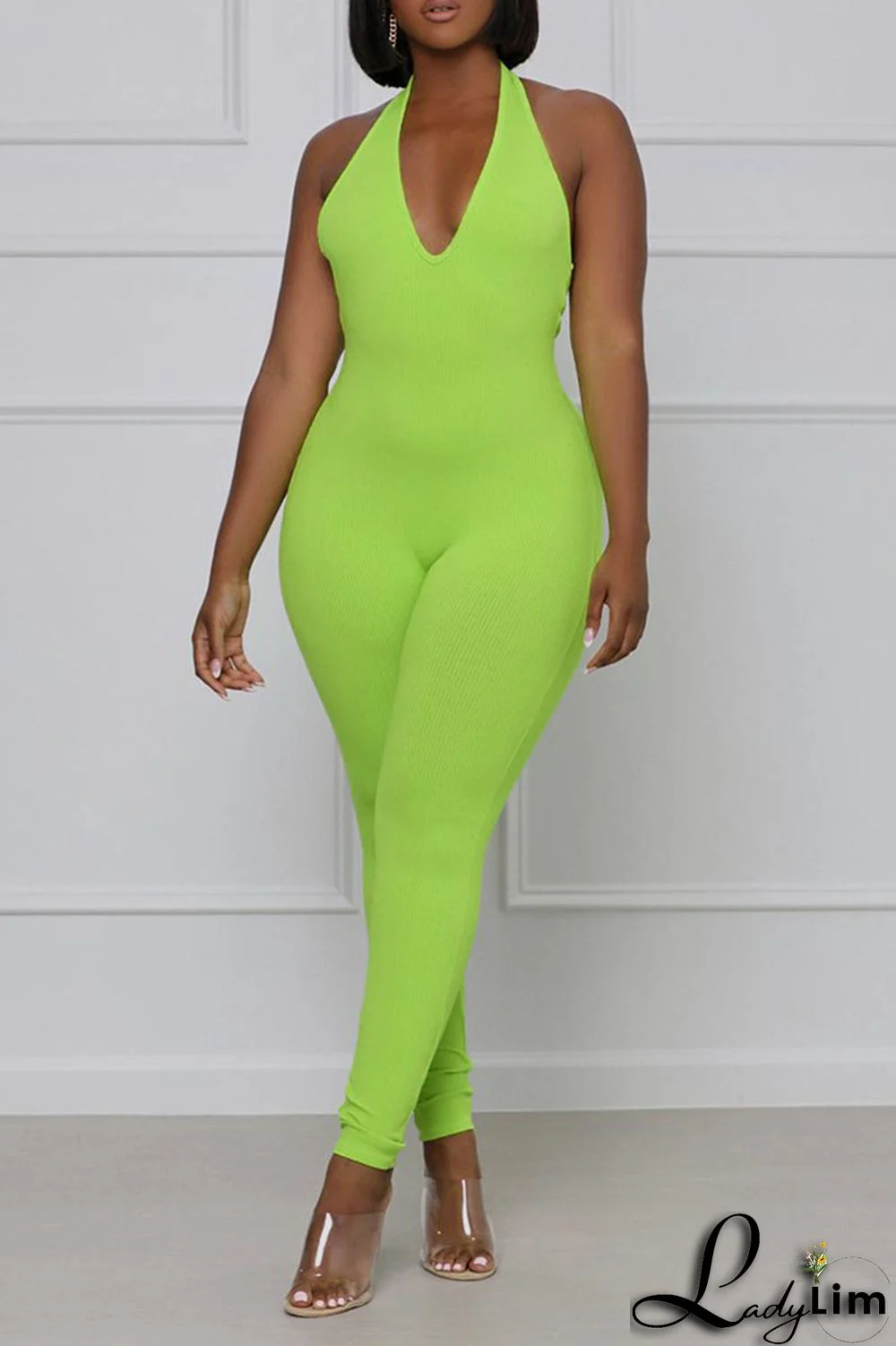 Green Sexy Solid Split Joint Halter Regular Jumpsuits