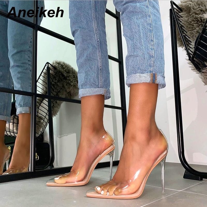 Aneikeh 2021 Spring Summer Jelly Clear Plastic Transparent PVC Pumps Club Fashion Sexy Party Fine Female High Heels Shoes 41 42