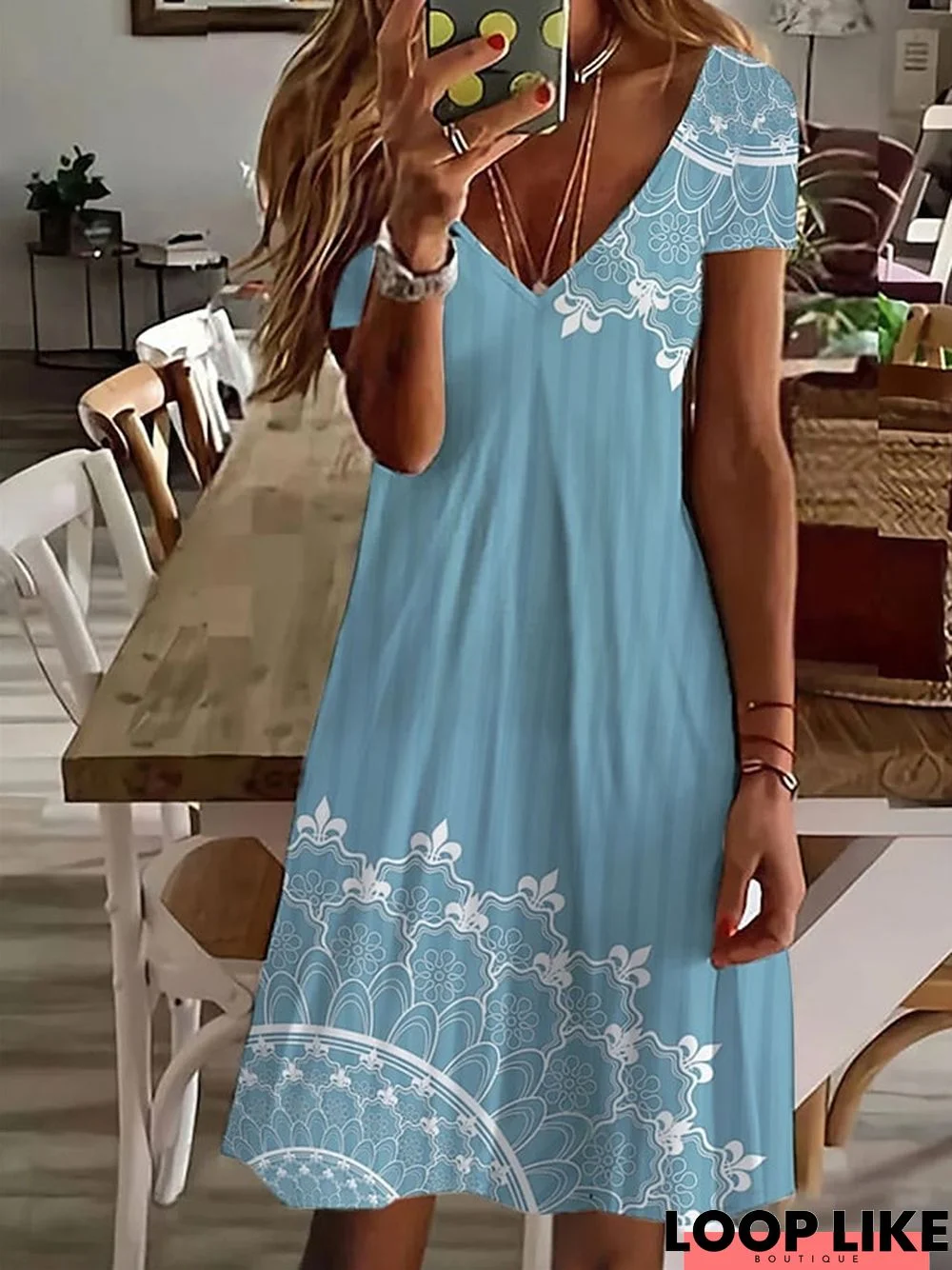 Women's Casual Dress Midi Dress Blue Short Sleeve Floral Print Spring Summer V Neck Basic 2023 S M L XL XXL 3XL