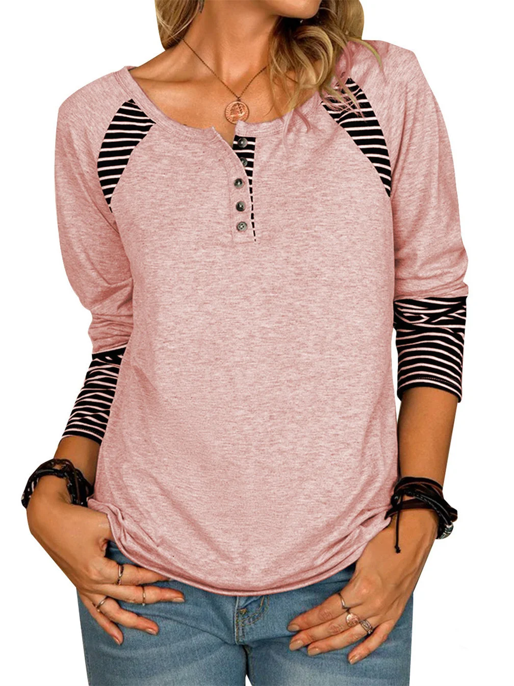 Women's Striped Solid Color Scoop Neck Long Sleeve Sweater Top