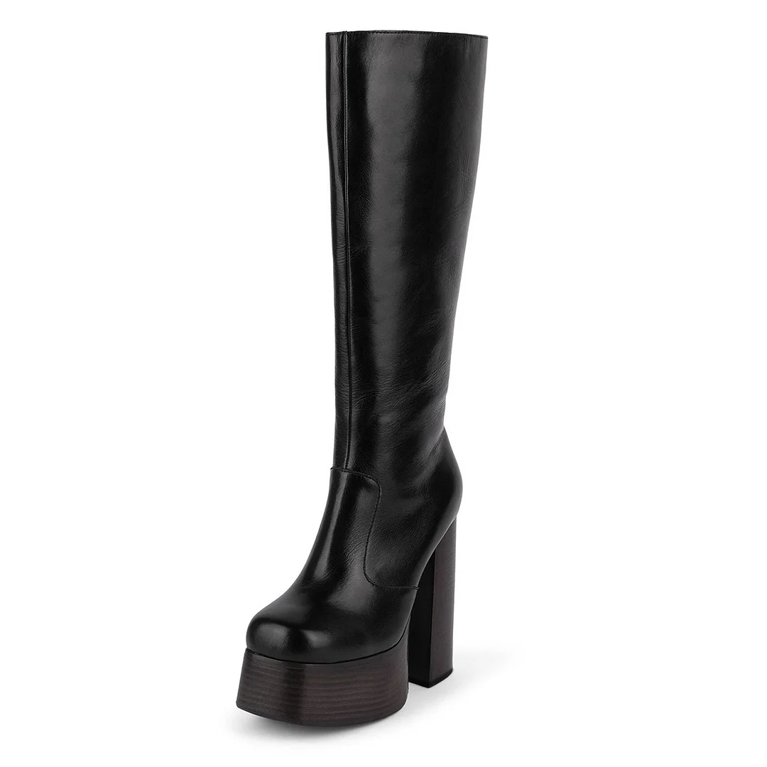 Black Faux Leather Square Toe Chunky Heel Knee High Platform Boots