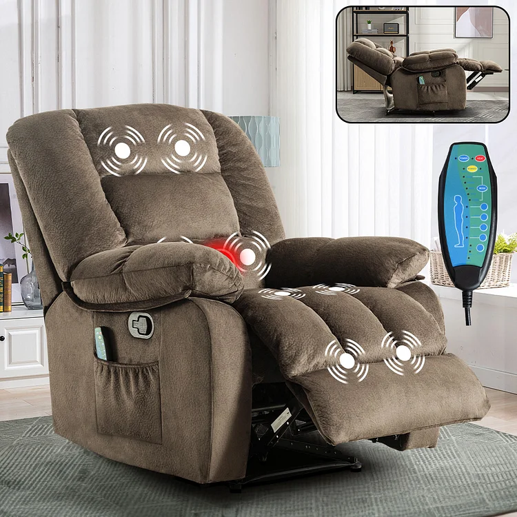Bestier Massage Recliner Chair with Heat and Vibration Manual Overstuffed Recliners Soft Fabric Reclining Chairs with Side Pockets for Living Room, Light Coffee
