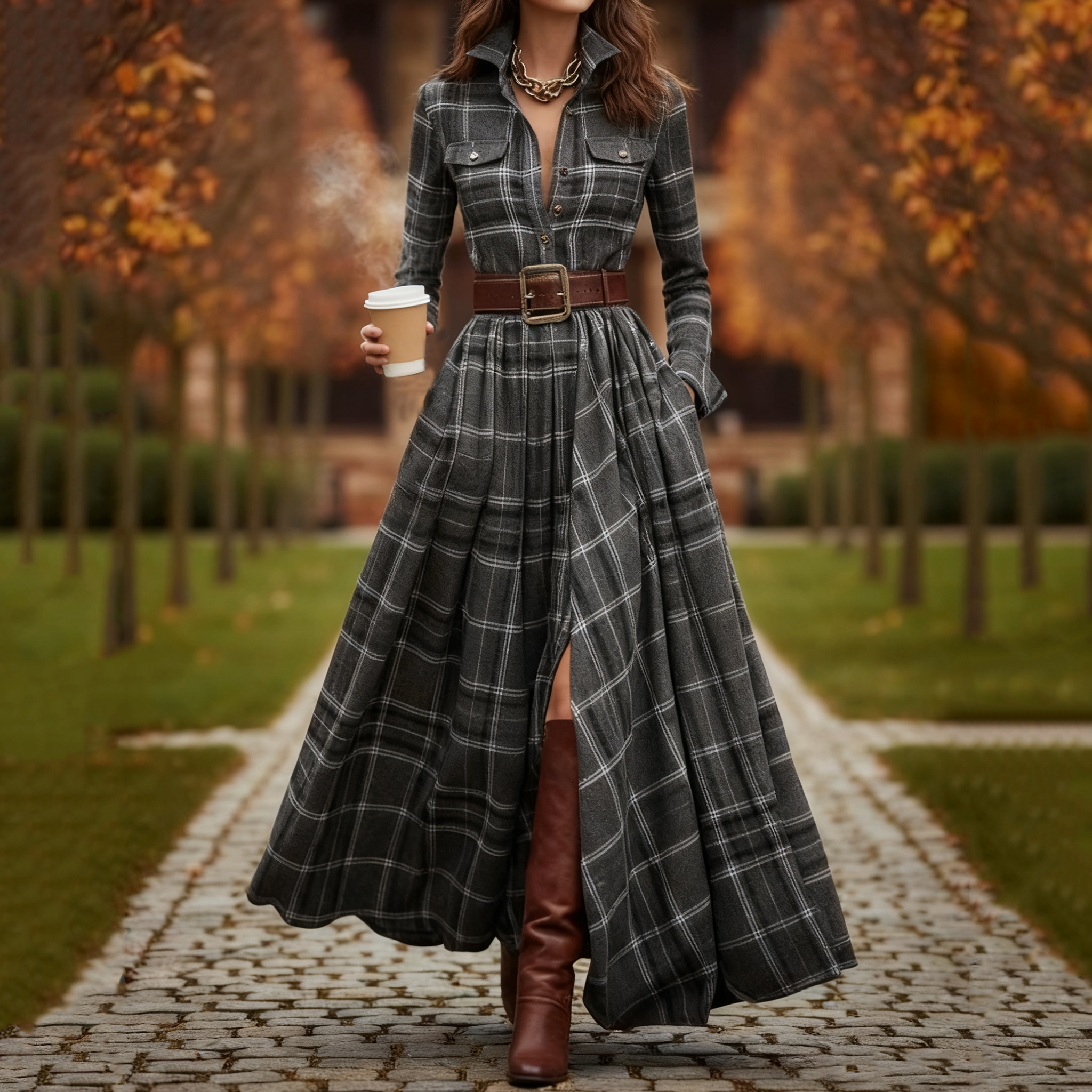 Vintage Khaki Plaid Inspired Belted Cottagecore Autumn Winter Long Sleeve Button-up Shirt Maxi Dress elevenforest
