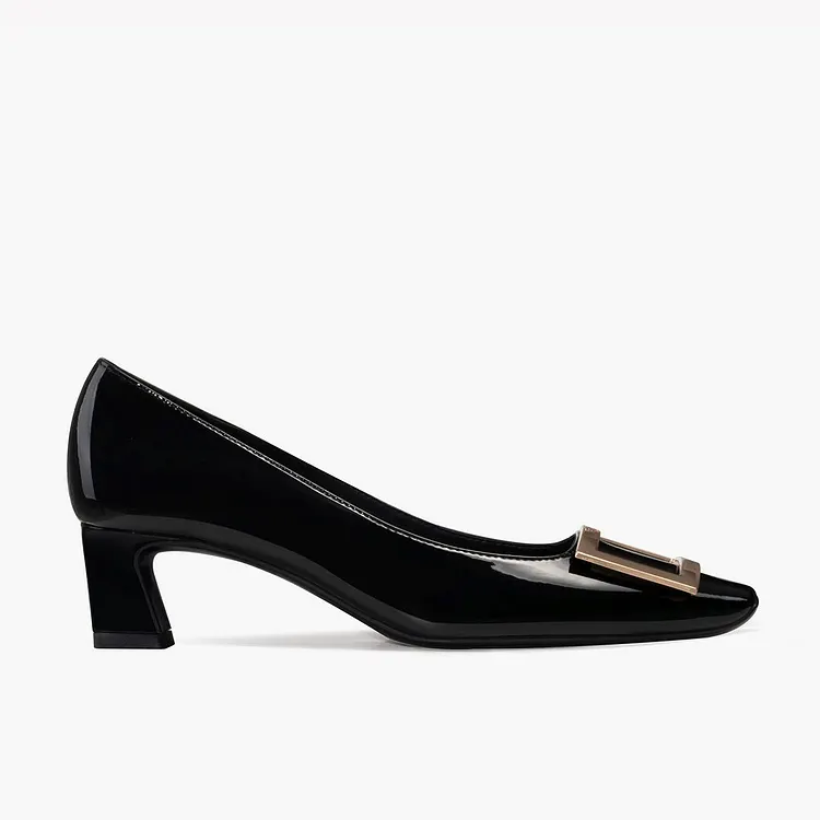 Women's patent leather square-toe flats with square buckles&mdash;sophisticated, low-cut, flat-heeled shoes. VOCOSI VOCOSI
